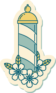 Bir insan tarafından çizilmiş geleneksel bir berber direği stili dövme çıkartması.