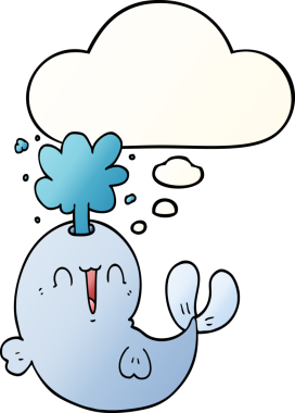 Bir insan tarafından çizilmiş, düşünce baloncuğuyla su fışkırtan çizgi film balinası.