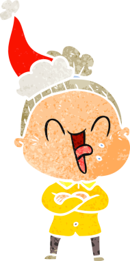 Bir insan tarafından çizilmiş Noel Baba şapkası giyen mutlu yaşlı bir kadının el çizimi karikatürü