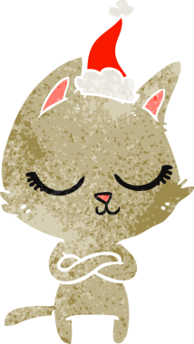 Sakin bir el çizimi. Bir insan tarafından çizilmiş Noel Baba şapkası takan bir kedinin eski çizgi filmi.