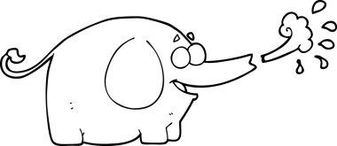 Bir insan tarafından çizilmiş su fışkırtan siyah beyaz bir fil.