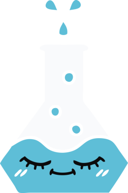 Bir insan tarafından çizilmiş bir bilim şişesinin düz renkli retro karikatürü