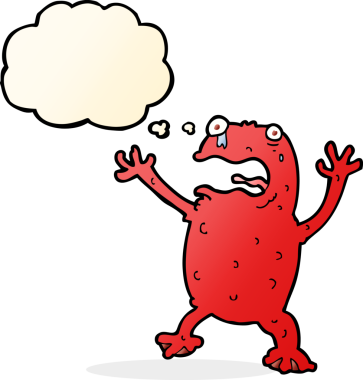 Bir insan tarafından çizilmiş düşünce baloncuklu zehirli kurbağa çizgi filmi.