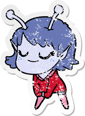 Bir insan tarafından çizilmiş gülümseyen uzaylı kız çizgi filminin sıkıntılı çıkartması.