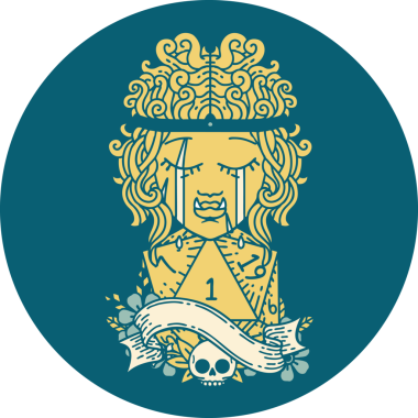 Retro Dövme Tarzı Ağlayan Ork barbar karakter yüzü ve bir insan tarafından çizilmiş doğal bir D20 rulo