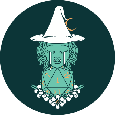 Ağlayan yarı ork cadı ikonu ve bir insan tarafından çizilmiş doğal bir D20 zar.