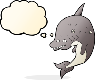 Bir insan tarafından çizilmiş düşünce baloncuklu çizgi film köpekbalığı.