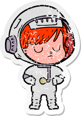 Bir insan tarafından çizilmiş karikatür astronot kadının sıkıntılı çıkartması.