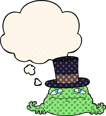 Çizgi roman tarzında düşünce baloncuğu olan zengin kara kurbağası bir insan tarafından çizilmiş.