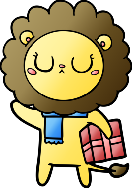 Bir insan tarafından çizilmiş noel hediyeli çizgi film aslanı.