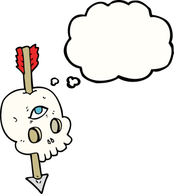 Serbest çizim düşünce balonu karikatür sihirli kafatası bir insan tarafından çizilmiş ok ile beyin