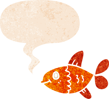 grunge 'da konuşma baloncuğu olan karikatür balığı bir insan tarafından çizilmiş dertli retro stil.