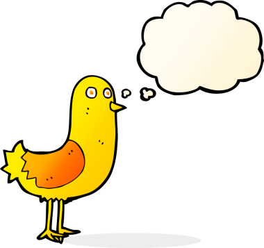 Bir insan tarafından çizilmiş düşünce baloncuklu çizgi film kuşu.