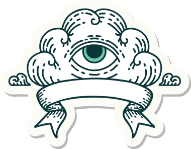 Bir insan tarafından çizilmiş her şeyi gören bir göz bulutu dövmesi stili çıkartması