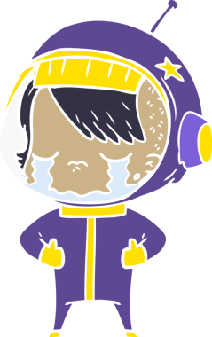 Düz renkli çizgi film ağlayan astronot kız bir insan tarafından çizilmiş.