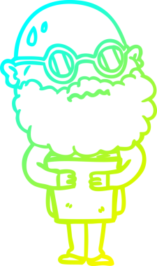 Bir insan tarafından çizilmiş sakallı ve gözlüklü endişeli bir çizgi film çizimi.