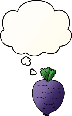 Düşünce baloncuğu olan karikatür kökü sebzesi bir insan tarafından çizilmiş.