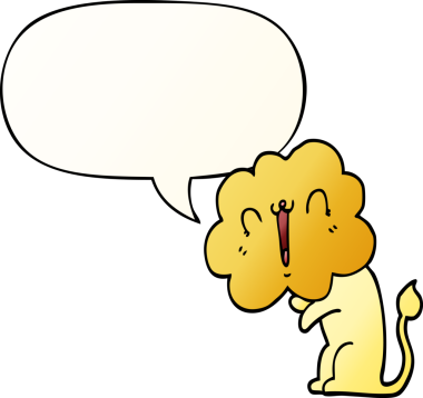 Bir insan tarafından çizilmiş tatlı çizgi film aslanı konuşma baloncuğu gibi yumuşak bir gradyan tarzı var.