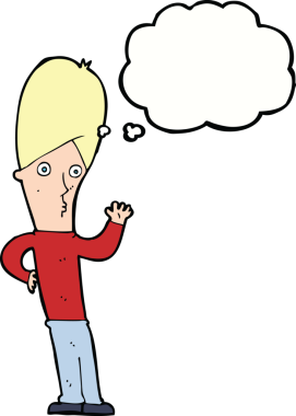 Bir insan tarafından çizilmiş düşünce baloncuğuyla el sallayan çizgi film adamı.