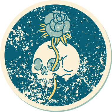 Bir insan tarafından çizilmiş kafatası ve gülün sembolik dövmeli görüntüsü.