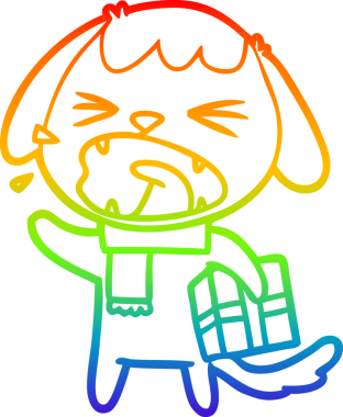 Gökkuşağı gradyan çizimi. Bir insan tarafından çizilmiş Noel hediyeli şirin bir çizgi köpek çizimi.