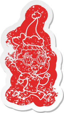 Garip bir çizgi film. Gözlük takan, Noel Baba şapkası takan, insan tarafından çizilmiş bir kadın etiketi.