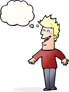 Bir insan tarafından çizilmiş düşünce balonlu mutlu adam çizgi filmi.