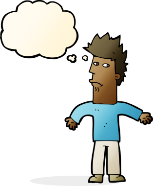 Bir insan tarafından çizilmiş düşünce baloncuğu olan kafası karışmış bir adam.