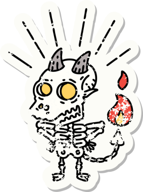 Bir insan tarafından çizilmiş eski bir dövme stili iskelet şeytan karakteri çıkartması.