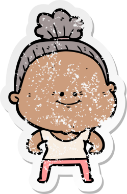 Bir insan tarafından çizilmiş mutlu, yaşlı bir kadının sıkıntılı çıkartması.