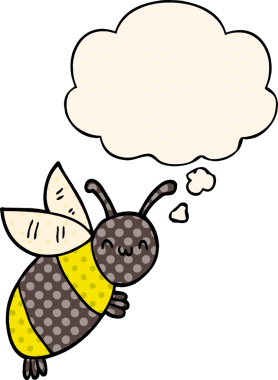 Bir insan tarafından çizilmiş çizgi roman tarzında düşünce baloncuğu olan sevimli çizgi film arısı.