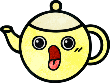 Bir insanın çizdiği çay demliğinin retro grunge desenli karikatürü.