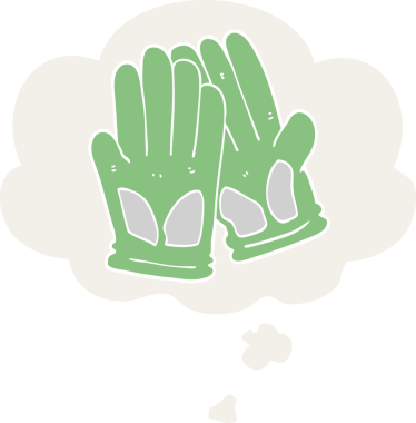 Karikatür bahçe eldivenleri. Düşünce baloncuğu insan tarafından çizilmiş.