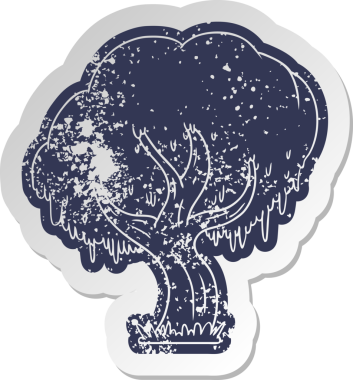 Bir insan tarafından çizilmiş yeşil bir ağacın hüzünlü eski çizgi film çıkartması.