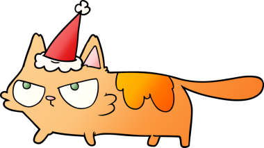 Bir insan tarafından çizilmiş Noel Baba şapkası giymiş kızgın bir kedinin el çizimi karikatürü.