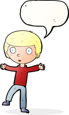 Bir insan tarafından çizilmiş konuşma balonuyla ürkmüş bir çocuk.