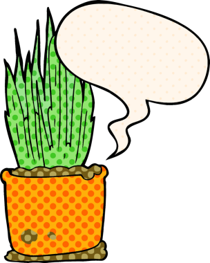 Bir insan tarafından çizilmiş, çizgi roman tarzında konuşma balonu olan bir çizgi film bitkisi.