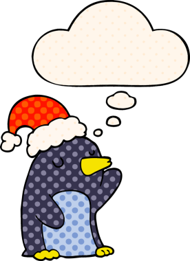 Bir insan tarafından çizilmiş çizgi roman tarzında düşünce baloncuğu olan şirin bir penguen.