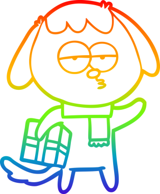 Gökkuşağı gradyan çizgi çizimi bir insan tarafından çizilmiş ve sıkılmış bir köpeğin Noel hediyesi.