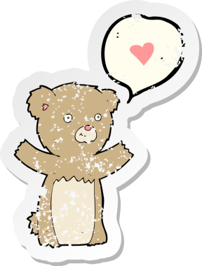 Bir insan tarafından çizilmiş, sevgi dolu bir kalbi olan oyuncak ayının eski kederli çıkartması.