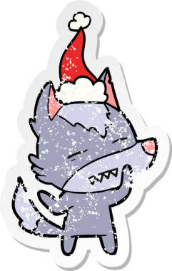 Bir insanın çizdiği Noel Baba şapkasıyla dişlerini gösteren bir kurt resmi.