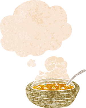 Düşünce baloncuklu sıcak çorba kasesi grunge sıkıntılı retro dokulu bir insan tarafından çizilmiş