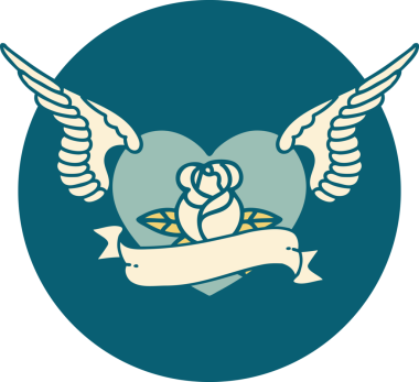 Bir insan tarafından çizilmiş çiçek ve bayrak ile uçan bir kalbin ikonik dövme görüntüsü