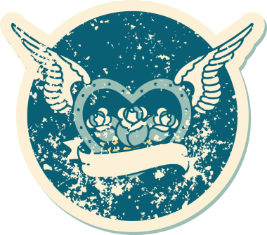 Bir insan tarafından çizilmiş çiçek ve pankartıyla uçan bir kalbin sembolik dövmeli resmi.