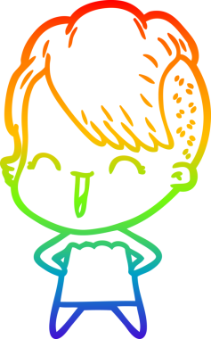 Gökkuşağı gradyan çizgisi mutlu çizgi film hipster kızı bir insan tarafından çizilmiş.