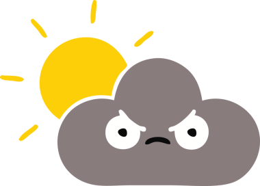 Bir fırtına bulutu ve bir insan tarafından çizilen güneşin düz renkli retro karikatürü