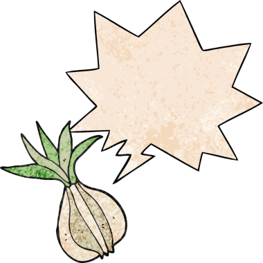 Konuşma baloncuklu karikatür soğanı bir insan tarafından çizilmiş retro doku tarzı