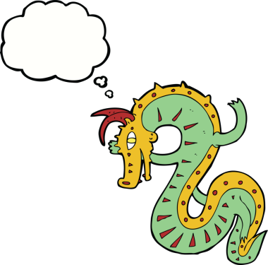 Bir insan tarafından çizilmiş düşünce balonlu Sakson ejderha çizgi filmi.