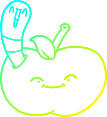 Bir insan tarafından çizilmiş elmanın içindeki mutlu solucanın soğuk çizgi çizimi.