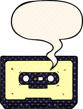 bir insan tarafından çizilmiş çizgi roman tarzında konuşma baloncuğu olan eski bir kaset.